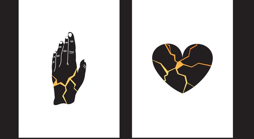 Una mano y un corazón cosidos con  hilo de oro